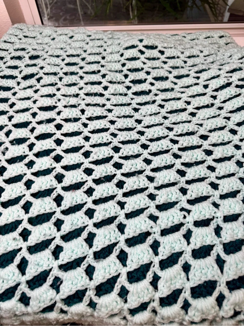 Handmade Crochet Open Weave Throw - Deep Teal 66”x44”.